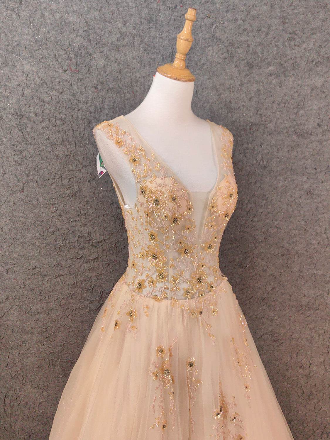 Princess Champagne A-Line V-Neck Sleeveless Sequin Beaded Tulle Long Prom Dress Evening Dress