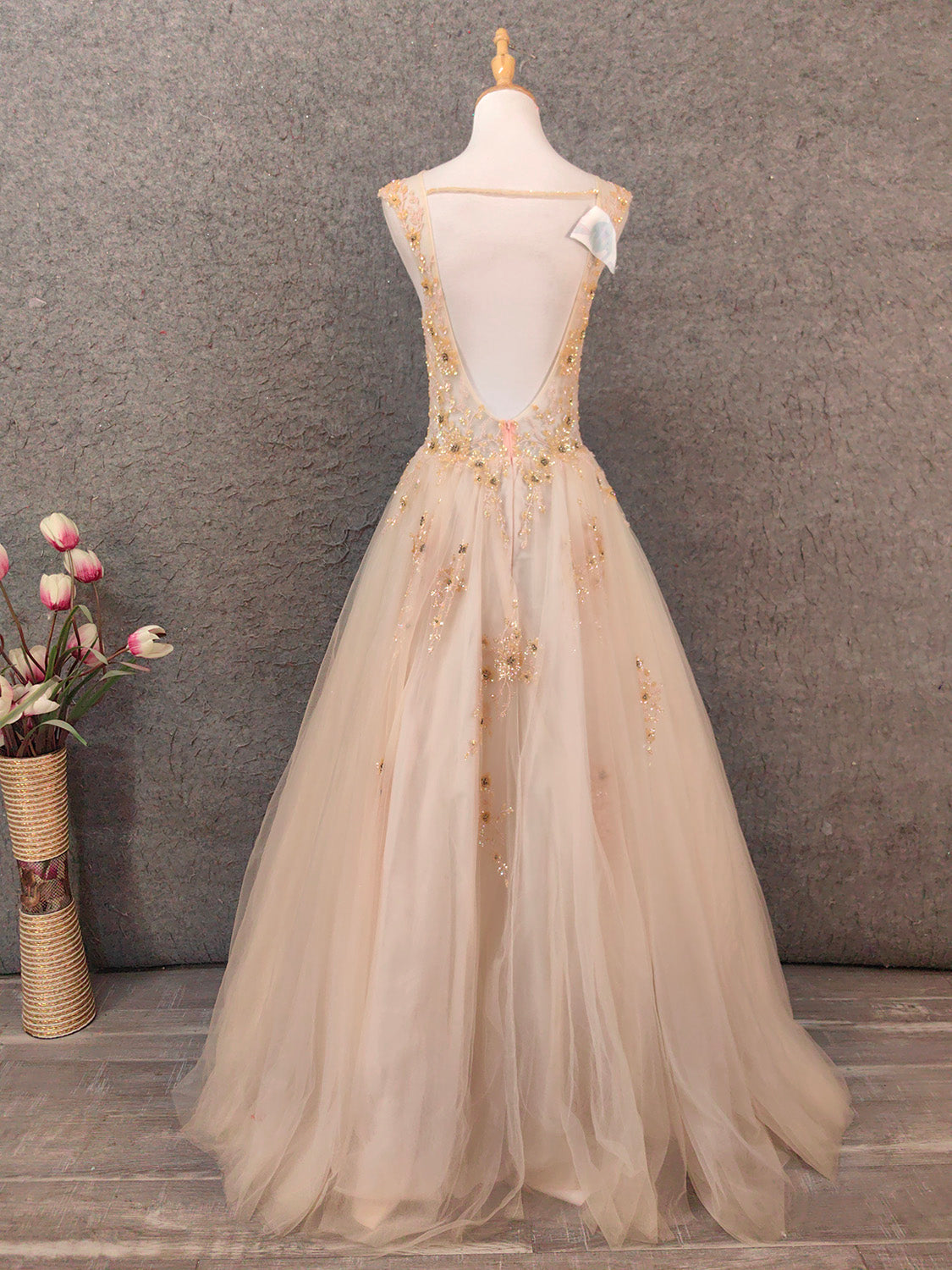 Princess Champagne A-Line V-Neck Sleeveless Sequin Beaded Tulle Long Prom Dress Evening Dress