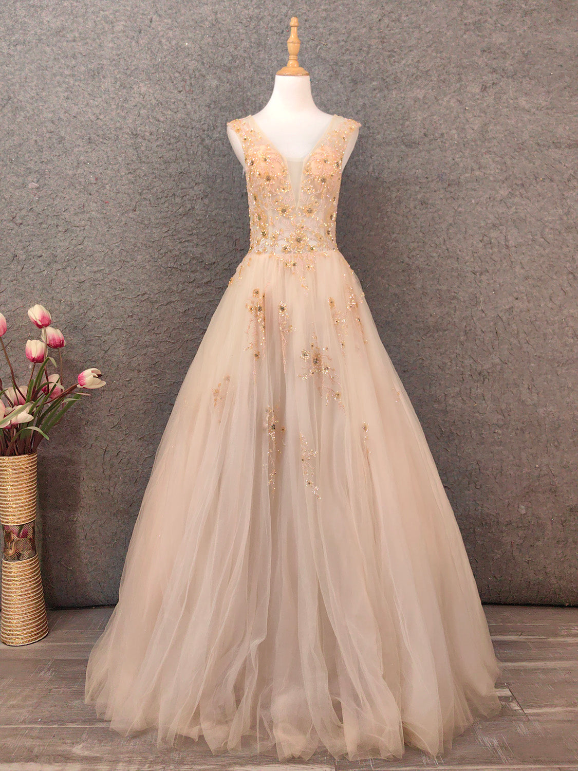 Princess Champagne A-Line V-Neck Sleeveless Sequin Beaded Tulle Long Prom Dress Evening Dress