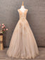 Princess Champagne A-Line V-Neck Sleeveless Sequin Beaded Tulle Long Prom Dress Evening Dress