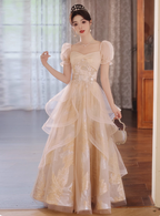 Princess Champagne Gold A-Line Embroidered Tulle Long Prom Dress Evening Dress