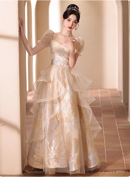 Princess Champagne Gold A-Line Embroidered Tulle Long Prom Dress Evening Dress Main image