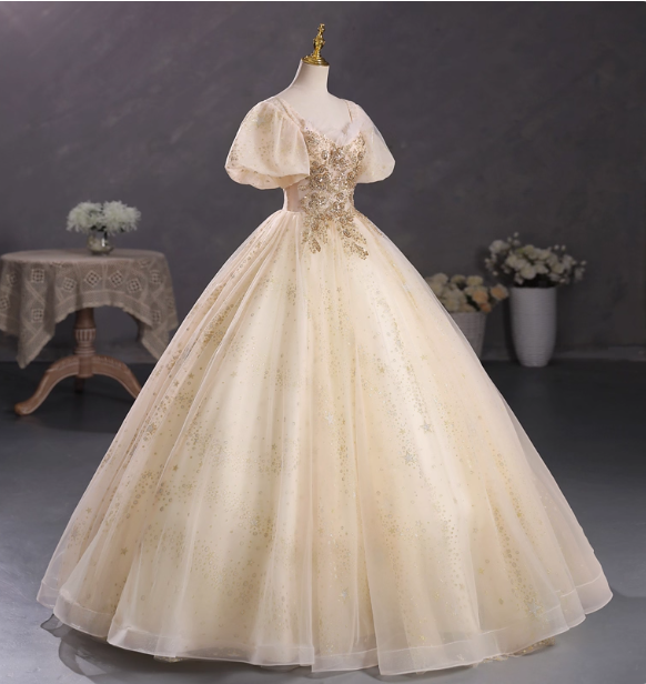 Princess Champagne Gold Square Neck Puff Sleeve Gold Embroidered Floral Tulle Ball Gown Evening Dress Sweet 16 Dress Secondary image