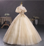 Princess Champagne Gold Square Neck Puff Sleeve Gold Embroidered Floral Tulle Ball Gown Evening Dress Sweet 16 Dress