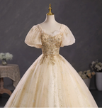 Princess Champagne Gold Square Neck Puff Sleeve Gold Embroidered Floral Tulle Ball Gown Evening Dress Sweet 16 Dress
