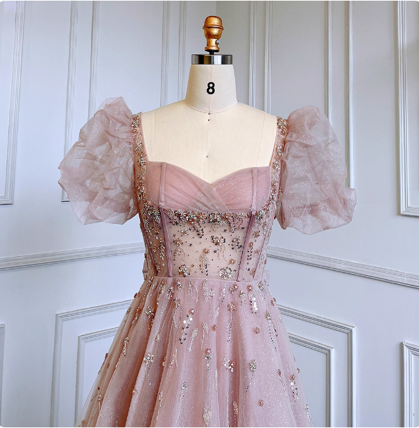 Princess Dreamy Pink A-Line Square Neck Puff Sleeve Beaded Tulle Long Prom Dress Evening Dress Secondary image