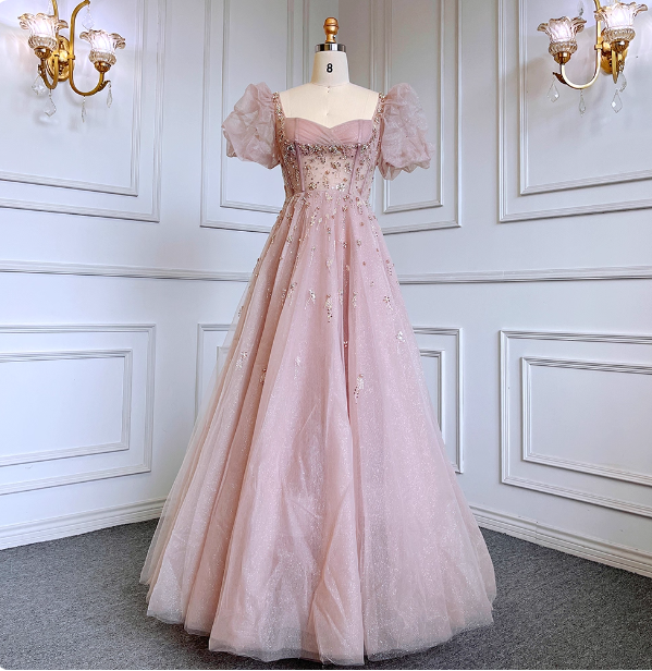 Princess Dreamy Pink A-Line Square Neck Puff Sleeve Beaded Tulle Long Prom Dress Evening Dress Main image