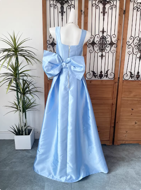 Princess Elegant Blue Square Neck Bow Satin Long Prom Dress Evening Dress