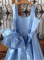 Princess Elegant Blue Square Neck Bow Satin Long Prom Dress Evening Dress