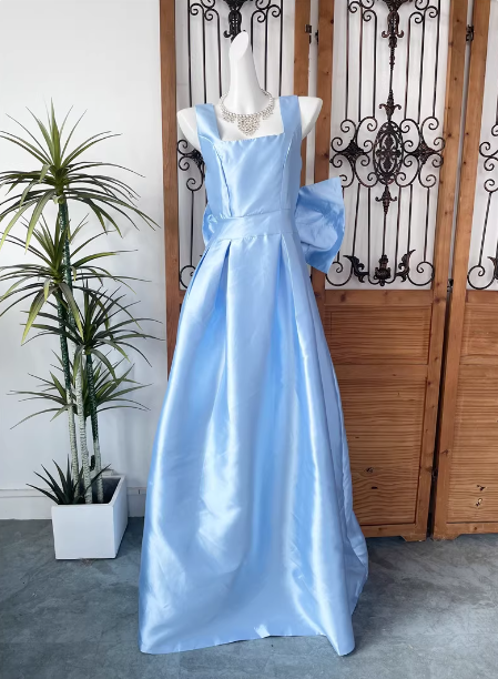 Princess Elegant Blue Square Neck Bow Satin Long Prom Dress Evening Dress