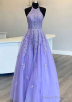Princess Halter Long/Floor-Length Lace Tulle Prom Dresses With Appliqued Beading
