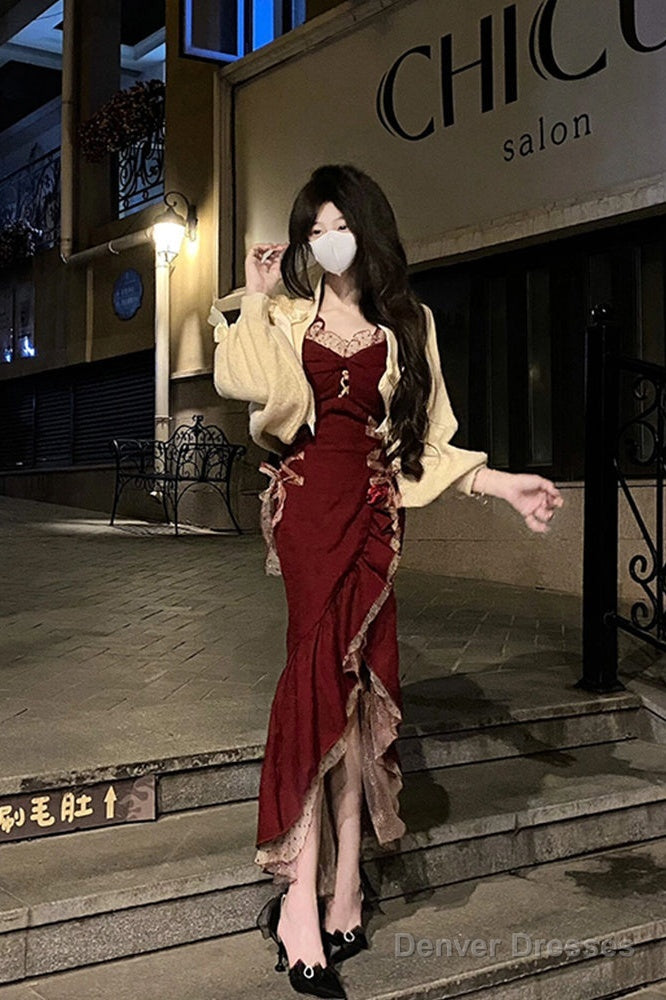 Princess High Low Spaghetti Straps Lolita Dress Christmas Dress Burgundy Birthday Dresses