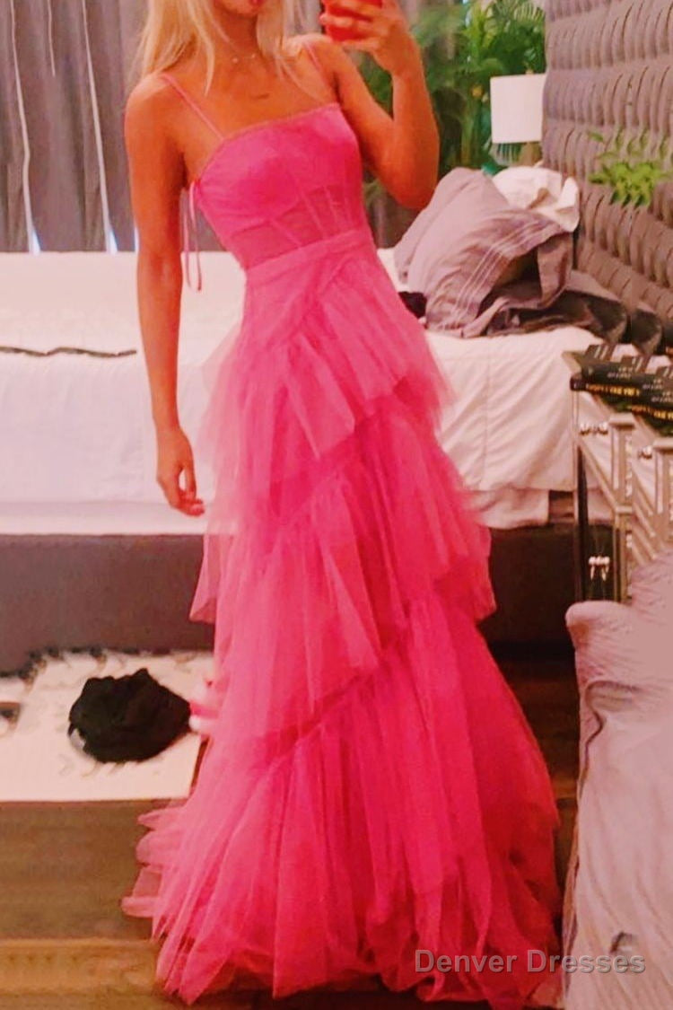 Princess Hot Pink Long Prom Dress Layered Tulle Sleeveless Corset Gown,Evening Dresses Secondary image