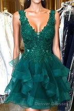 Princess Lace Appliques Dark Green Homecoming Dress with Flounced,Short Prom Dress
