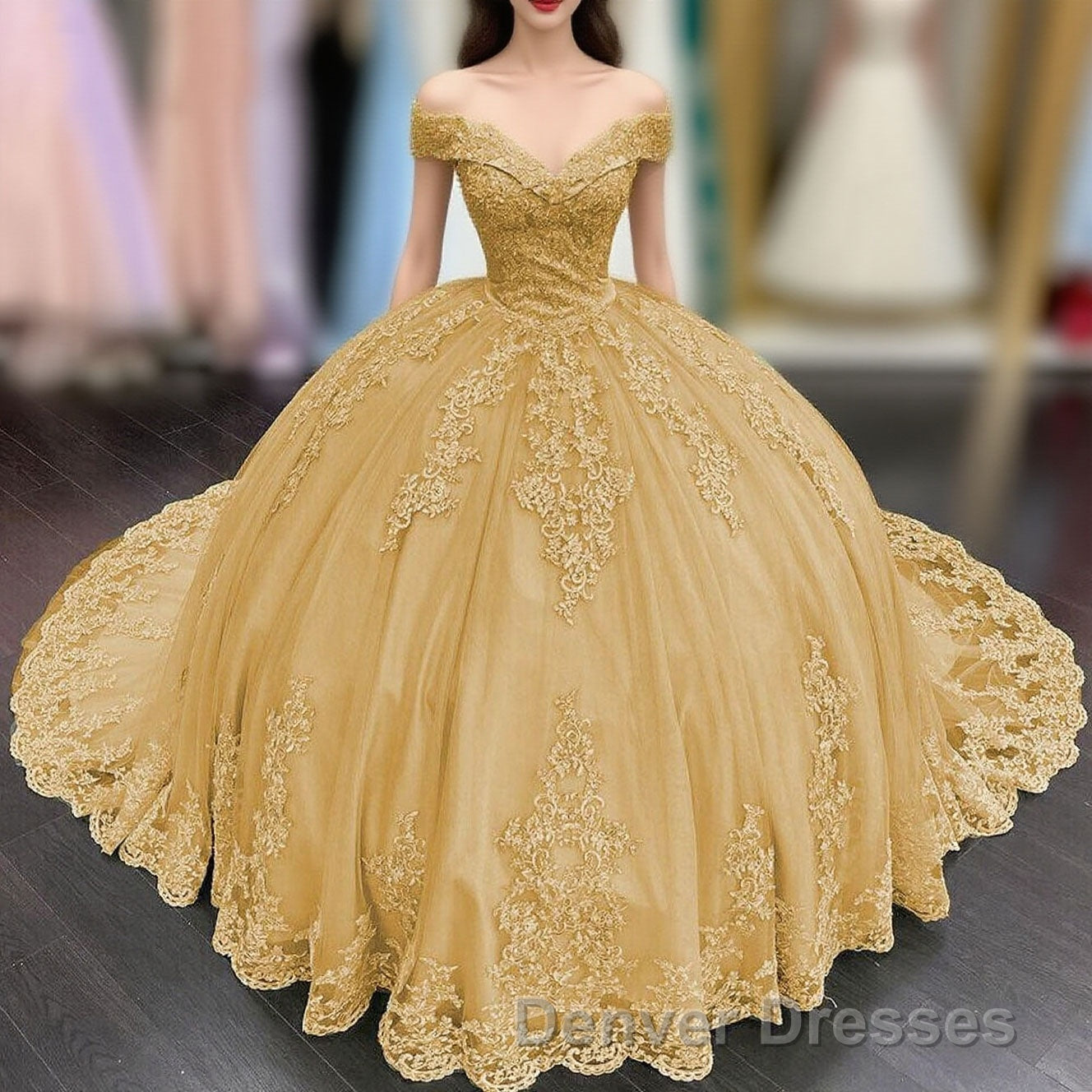 Princess Lace Off Shoulder Gold Quinceanera Dress Applique With Bow Main image