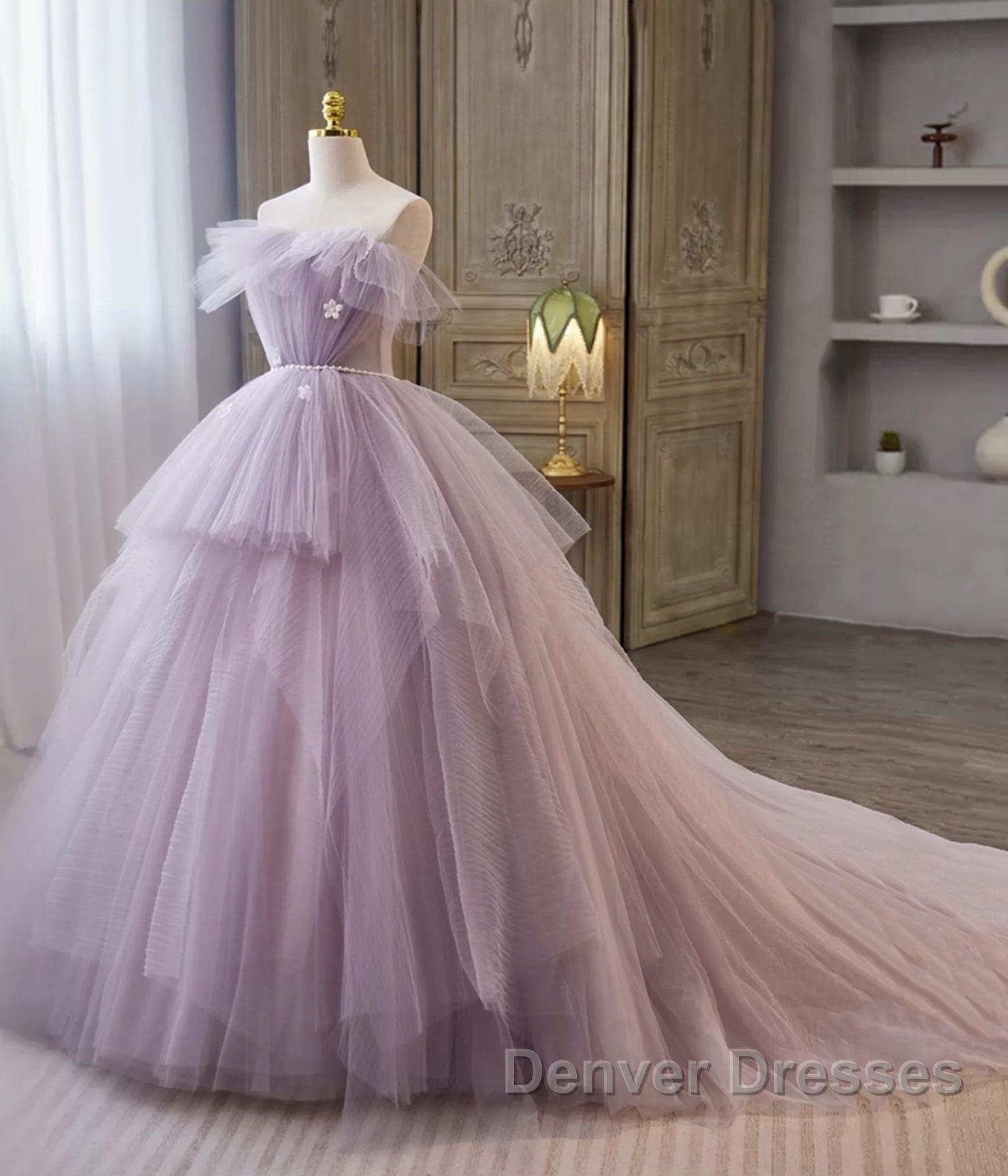 Princess Lavender Tulle Floral Long Prom Dress, Lavender Formal Evening Dress, Purple Ball Gown Secondary image