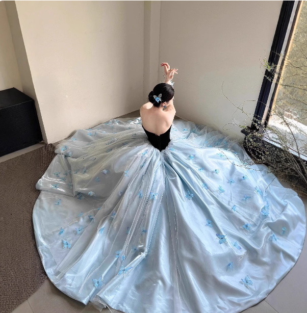 Princess Light Blue Sweetheart Neck 3D Butterfly Embellished Tulle Satin Long Prom Dress Evening Dress Secondary image