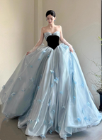 Princess Light Blue Sweetheart Neck 3D Butterfly Embellished Tulle Satin Long Prom Dress Evening Dress