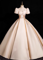 Princess Light Champagne Short-Sleeve Floral Embroidered Ball Gown Evening Dress