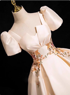 Princess Light Champagne Short-Sleeve Floral Embroidered Ball Gown Evening Dress