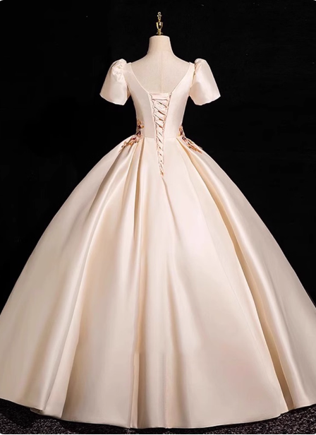 Princess Light Champagne Short-Sleeve Floral Embroidered Ball Gown Evening Dress