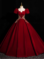 Princess Light Champagne Short-Sleeve Floral Embroidered Ball Gown Evening Dress