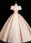 Princess Light Champagne Short-Sleeve Floral Embroidered Ball Gown Evening Dress