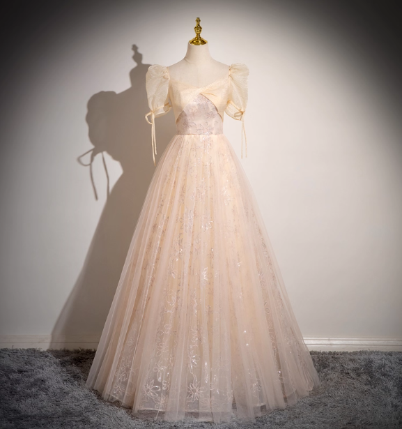 Princess Light Champagne Square Neck Puff Sleeve Bow Tulle Long Ball Gown Evening Dress Sweet 16 Dress