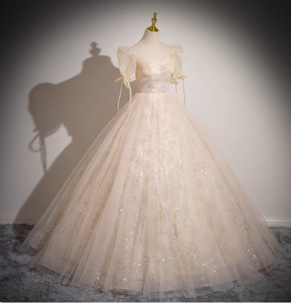 Princess Light Champagne Square Neck Puff Sleeve Bow Tulle Long Ball Gown Evening Dress Sweet 16 Dress