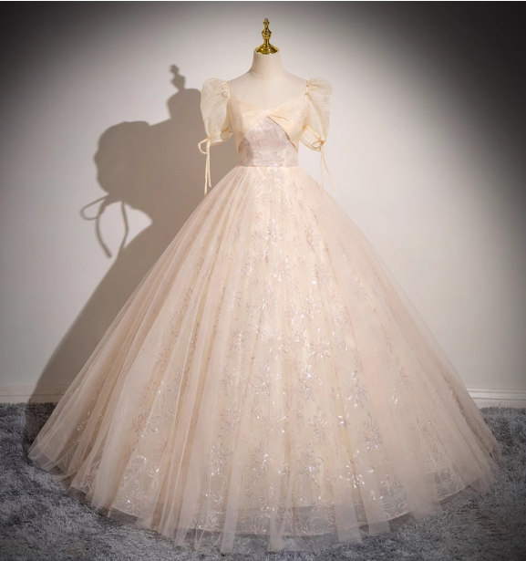 Princess Light Champagne Square Neck Puff Sleeve Bow Tulle Long Ball Gown Evening Dress Sweet 16 Dress Main image