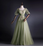 Princess Light Green Square Neck Puff Sleeve Gold Embroidery Tulle Ball Gown Evening Dress Sweet 16 Dress