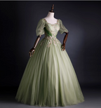 Princess Light Green Square Neck Puff Sleeve Gold Embroidery Tulle Ball Gown Evening Dress Sweet 16 Dress