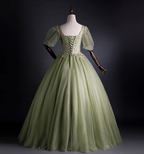 Princess Light Green Square Neck Puff Sleeve Gold Embroidery Tulle Ball Gown Evening Dress Sweet 16 Dress