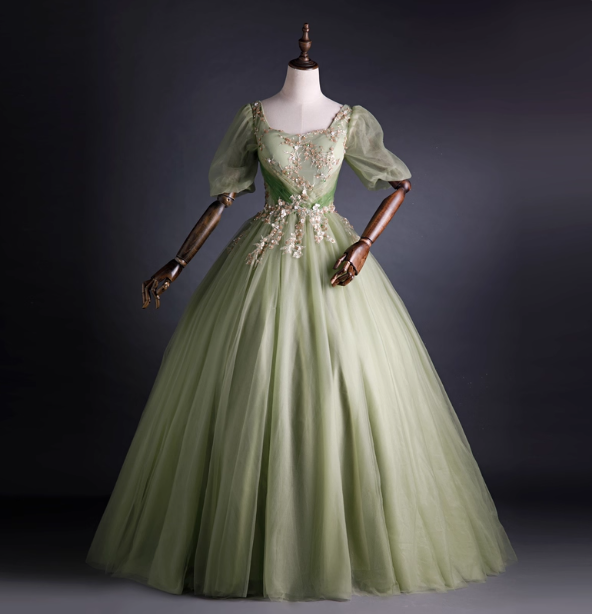 Princess Light Green Square Neck Puff Sleeve Gold Embroidery Tulle Ball Gown Evening Dress Sweet 16 Dress Main image