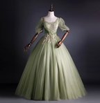 Princess Light Green Square Neck Puff Sleeve Gold Embroidery Tulle Ball Gown Evening Dress Sweet 16 Dress