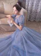 Princess Light Haze Blue Puff Sleeve A-Line Tulle Long Prom Dress Evening Dress