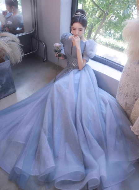 Princess Light Haze Blue Puff Sleeve A-Line Tulle Long Prom Dress Evening Dress