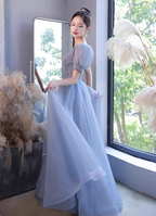 Princess Light Haze Blue Puff Sleeve A-Line Tulle Long Prom Dress Evening Dress