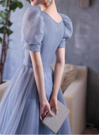 Princess Light Haze Blue Puff Sleeve A-Line Tulle Long Prom Dress Evening Dress