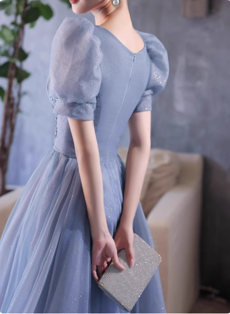 Princess Light Haze Blue Puff Sleeve A-Line Tulle Long Prom Dress Evening Dress