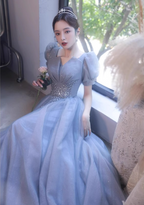 Princess Light Haze Blue Puff Sleeve A-Line Tulle Long Prom Dress Evening Dress