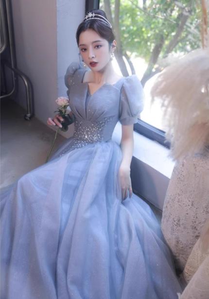 Princess Light Haze Blue Puff Sleeve A-Line Tulle Long Prom Dress Evening Dress