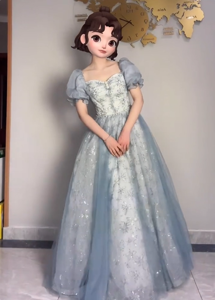 Princess Light Haze Blue Puffed Sleeve Embroidered Sequin Tulle Long Prom Dress Evening Dress