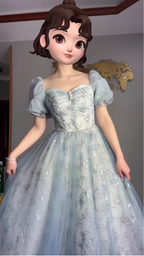Princess Light Haze Blue Puffed Sleeve Embroidered Sequin Tulle Long Prom Dress Evening Dress