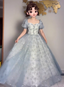 Princess Light Haze Blue Puffed Sleeve Embroidered Sequin Tulle Long Prom Dress Evening Dress