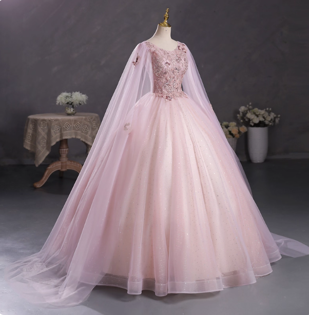 Princess Light Pink Crew Neck Cape Embroidered Tulle Ball Gown Evening Dress Sweet 16 Dress
