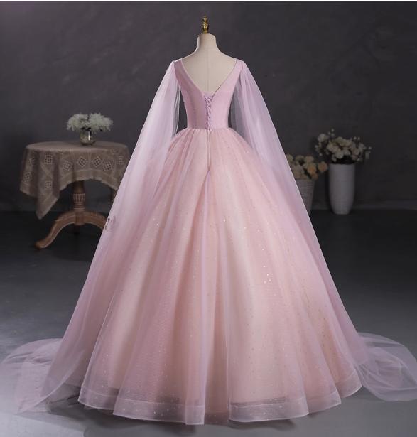 Princess Light Pink Crew Neck Cape Embroidered Tulle Ball Gown Evening Dress Sweet 16 Dress