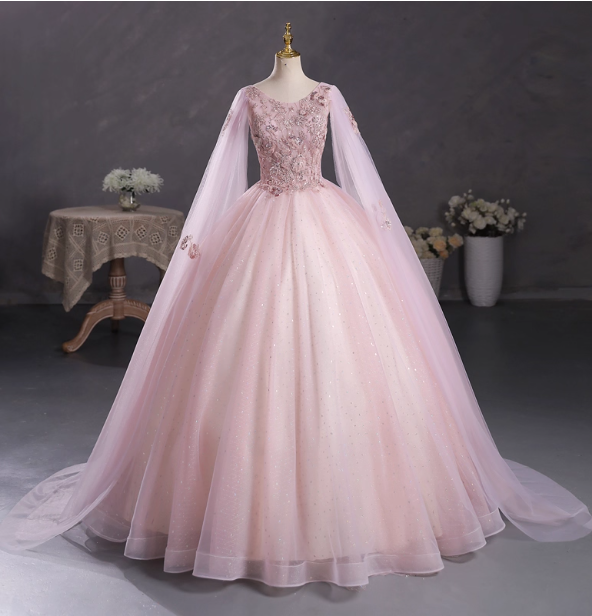 Princess Light Pink Crew Neck Cape Embroidered Tulle Ball Gown Evening Dress Sweet 16 Dress