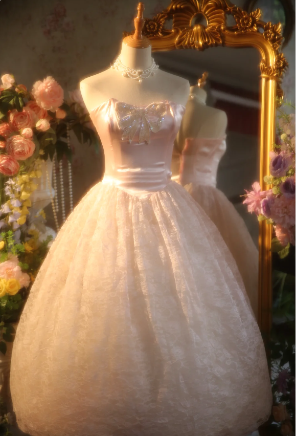 Princess Light Pink Strapless Lace Ball Gown Evening Dress Sweet 16 Dress