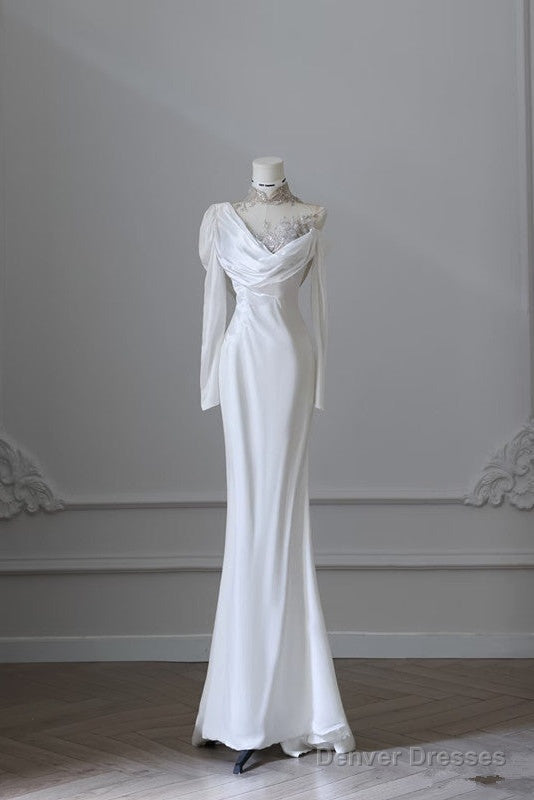 Princess Mermaid High Neck Sequin White Satin Wedding Dresses Main image